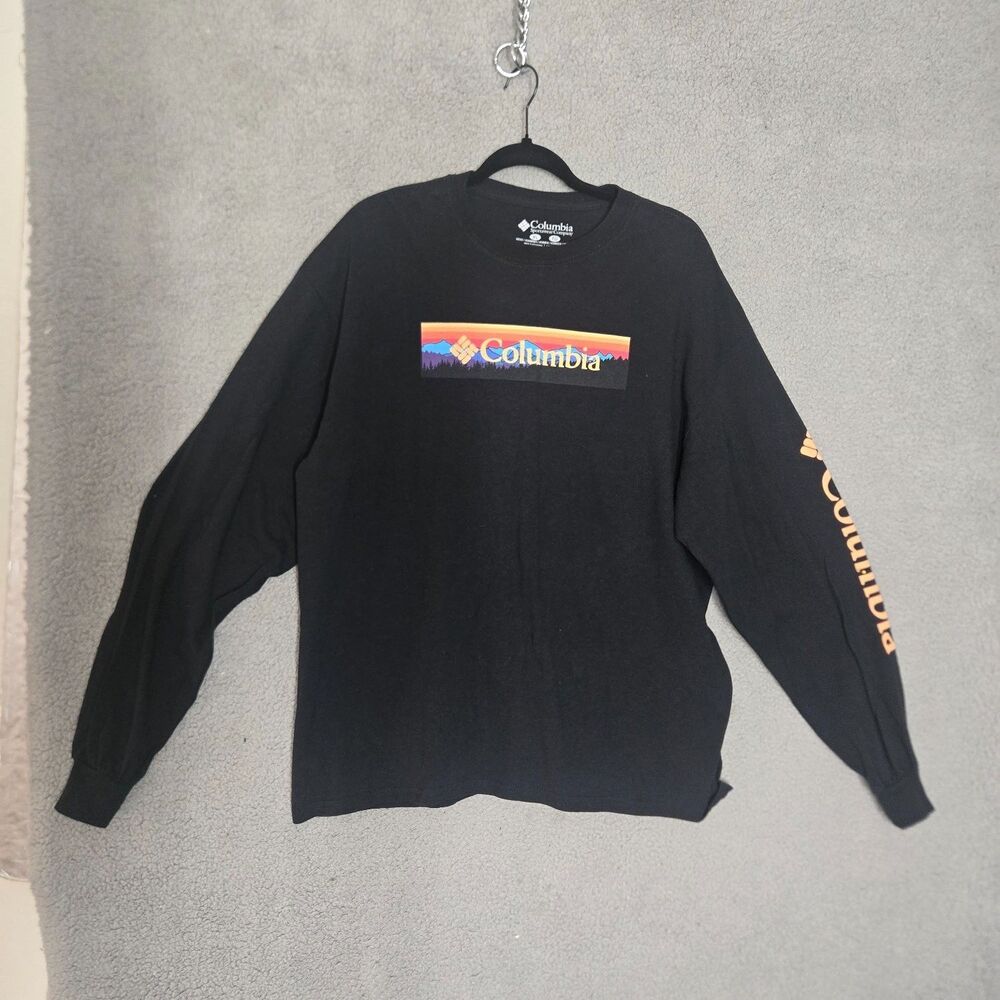 Columbia T-Shirt Mens XL Black Crew Neck Long Sleeve Graphic Print Ribbed Cuffs